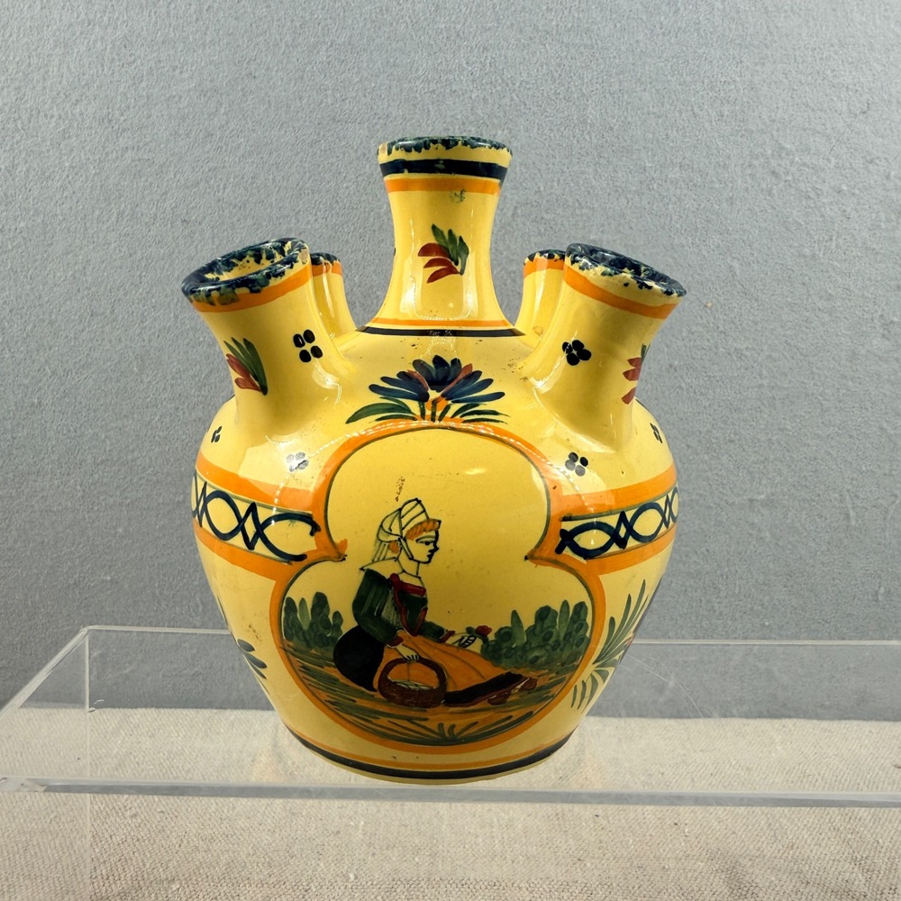 Vintage HenRiot Quimper France 5-Finger Tulip Vase Yellow Floral Quintal